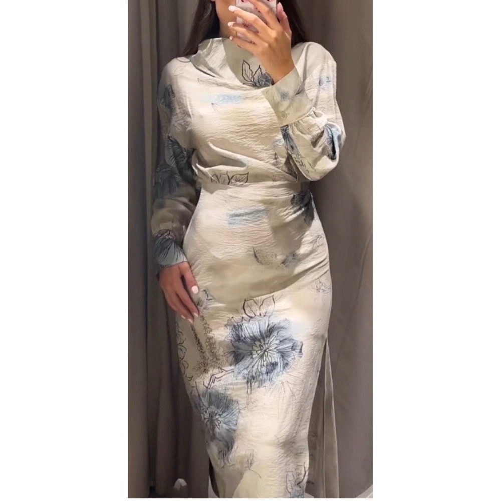 NWT Zara Floral Print Draped Midi Dress Blue Neutral Large